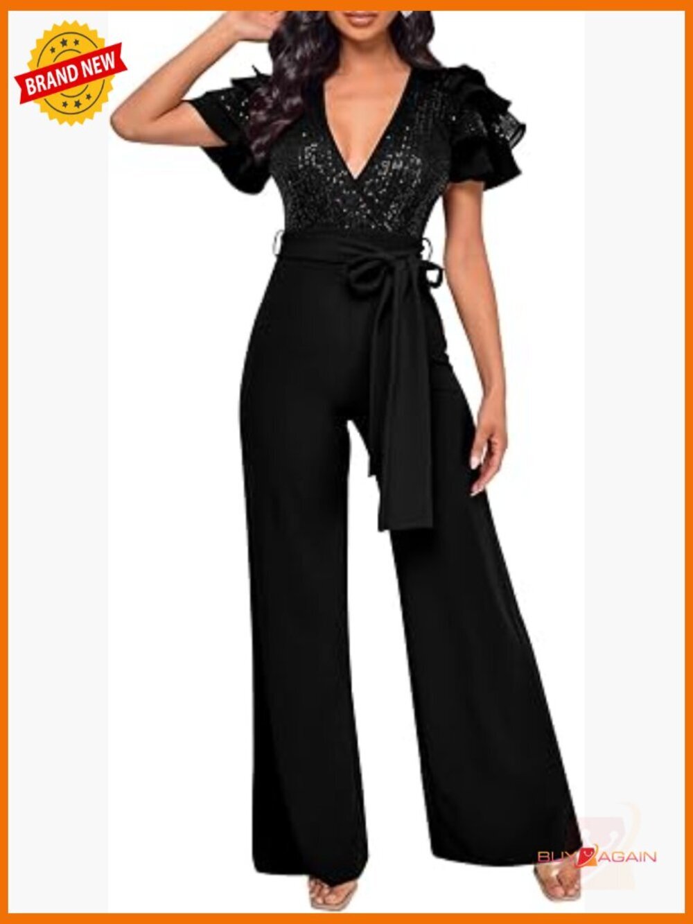 Sequined Wide Leg Jumpsuit with Ruffled Sleeves & Pockets